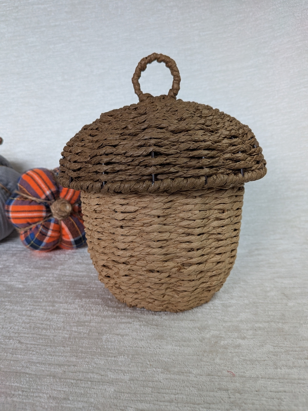 Handwoven Brown & Tan Acorn Storage Basket - Rustic Autumn Thanksgiving Decor